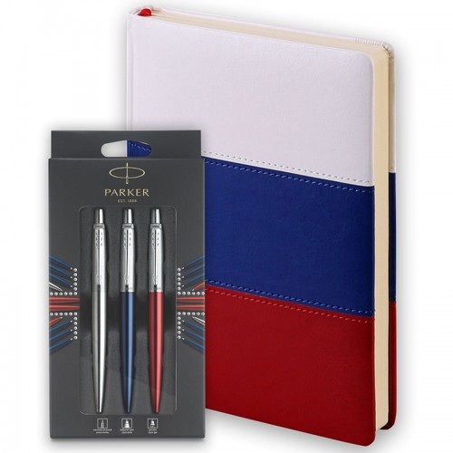 Набор Parker Jotter London Trio: гелевая ручка Red CT + шариковая ручка Blue CT + карандаш Stainless Steel CT и ежедневника триколор
