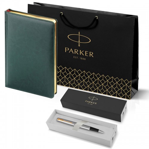 Набор Parker Jotter Stainless Steel GT из перьевой ручки и зеленого ежедневника недатированного
